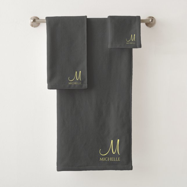 Custom Dark Grey & Gold Name Typography Monogram Bath Towel Set (Insitu)