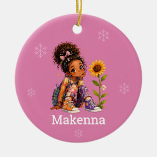 Custom Dark Hair Girl Name Ceramic Tree Decoration