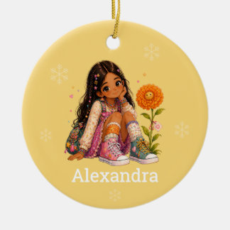 Custom Dark Hair Girl Name Ceramic Tree Decoration