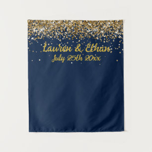 Custom Dark Navy Blue and Gold Wedding Photo Booth Tapestry