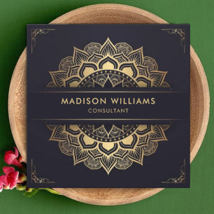 Custom Dark Navy Blue Gold Mandala Professional Square Business Card
