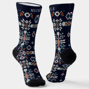 Custom Dark Navy Blue Red White Aztec Pattern Socks