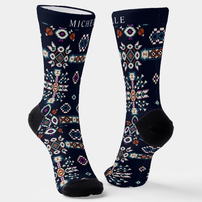 Custom Dark Navy Blue Red White  Aztec Pattern Socks (Angled)