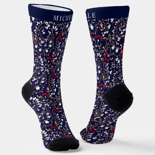 Custom Dark Navy Blue Red White Paisley Pattern Socks (Angled)