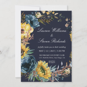 Custom Dark Navy Blue Sunflowers & Wreath wedding Invitation