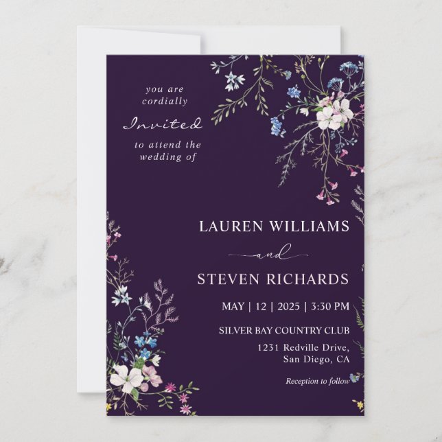 Custom Dark Navy Blue White Blossom Wedding Invitation (Front)