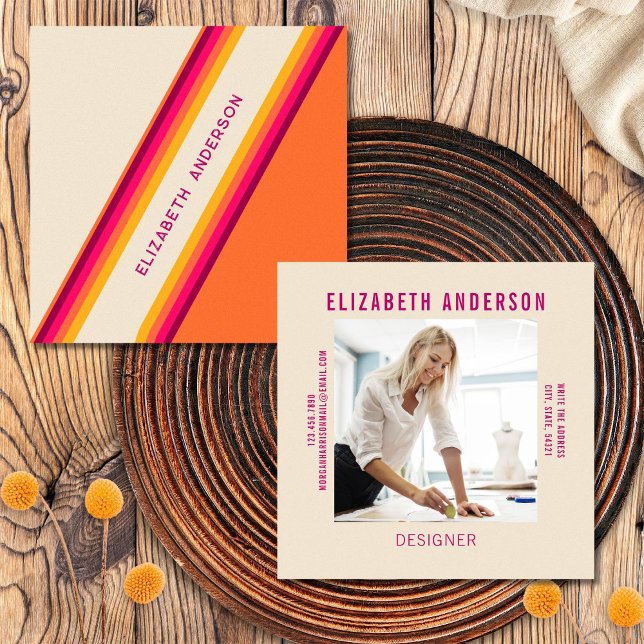 Custom Dark Pink Orange Retro Stripes 70s, 80s Square Business Card (Front/Back)