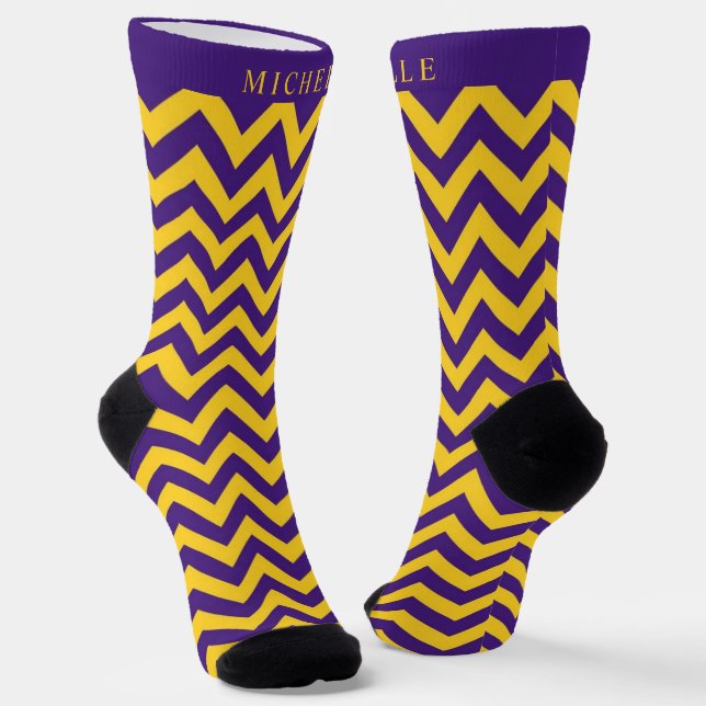Custom Dark Purple Blue Yellow Chevron Pattern Socks (Angled)