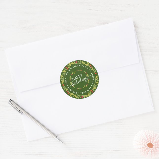 Custom Dark Red Holly Berries Green Leaves Wreath Classic Round Sticker (Envelope)