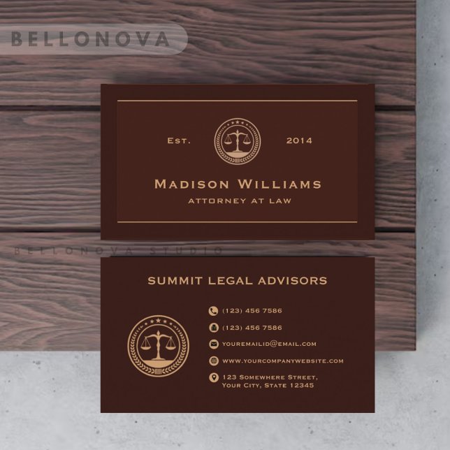 Custom Dark Red Maroon Brown Monogram Law Office Business Card (Custom Dark Red Maroon Brown Monogram Law Office Business Card)