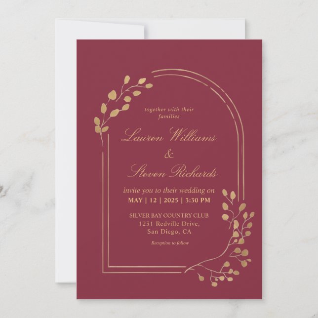 Custom Dark Red Maroon Eucalyptus Leaves Invitation (Front)