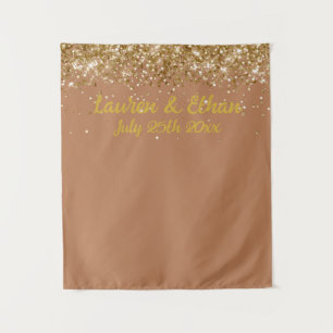 Custom Dark Tan & Gold Glitter Wedding Photo Booth Tapestry