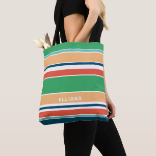 Custom Dark Teal Blue Green Orange Yellow Stripes Tote Bag