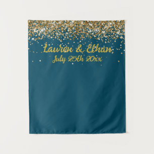 Custom Dark Teal Gold Glitter Wedding Photo Booth Tapestry