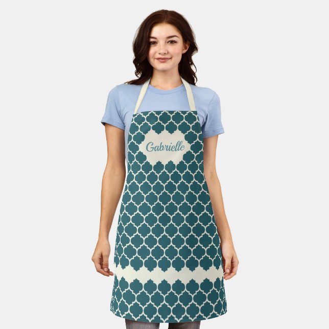 Custom Dark Teal Green Blue Ivory Trellis Pattern Apron (Worn)