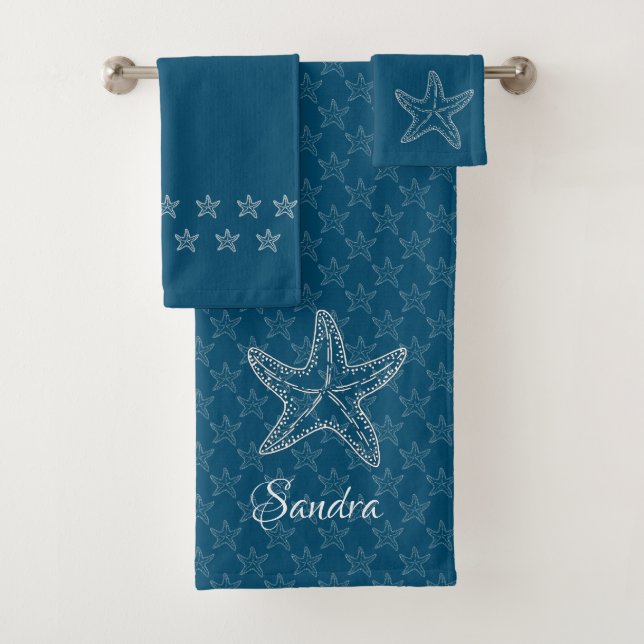 Custom Dark Teal White Chic Beach house Starfish Bath Towel Set (Insitu)