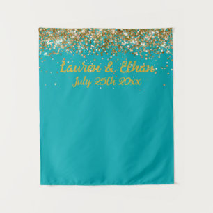 Custom Dark Turquoise and Gold Wedding Photo Booth Tapestry