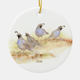 Custom Date or Text Watercolor California Quail Ceramic Tree Decoration