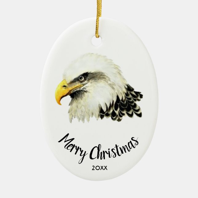 Custom Dated Bald Eagle Owl Bird Merry Christmas Ceramic Tree Decoration (Front)
