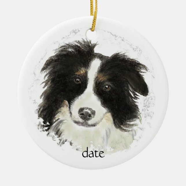 Custom Dated Border Collie, Dog Pet, Animal Ceramic Tree Decoration (Front)