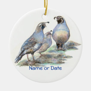Custom Dated California Quail Watercolor Bird Ceramic Tree Decoration