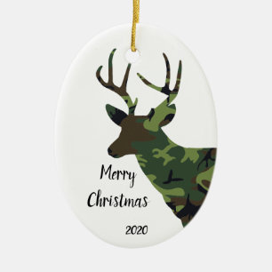 Custom Dated Camouflage Stag Deer Christmas Ceramic Tree Decoration