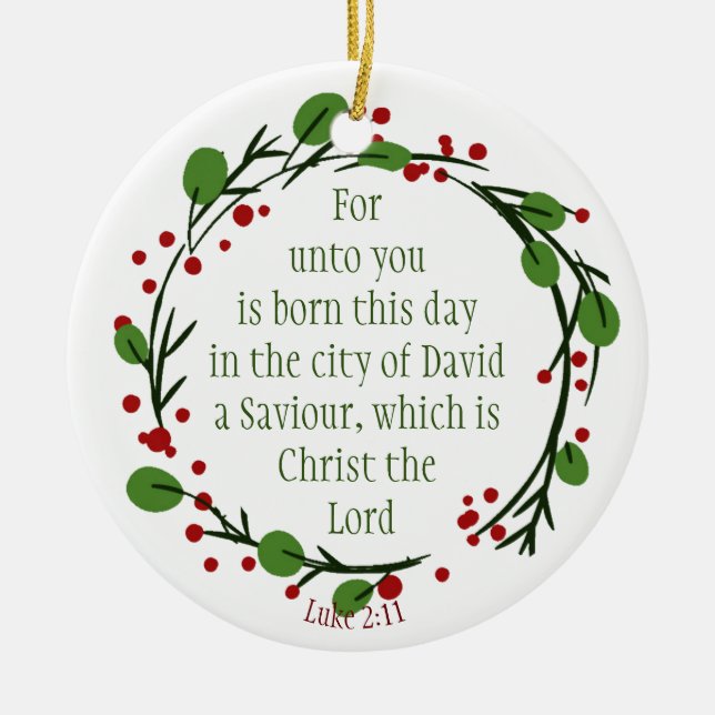 Custom Dated Christian Christmas Scripture Wreath Ceramic Tree Decoration (Front)