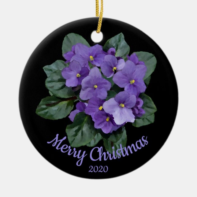 Custom Dated Christmas African Violet flower Ceramic Tree Decoration (Front)