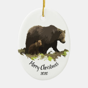 Custom Dated Christmas Bear Family Cub Animal art Ceramic Tree Decoration