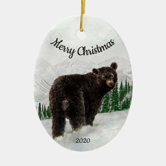 Custom Dated Christmas Black Bear Animal Ceramic Tree Decoration (Front)