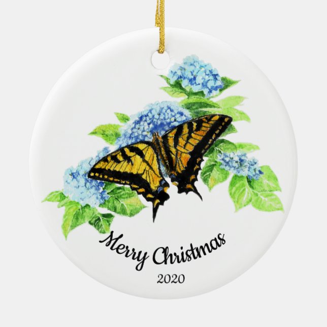 Custom Dated Christmas Butterfly Hydrengea Flower Ceramic Tree Decoration (Back)