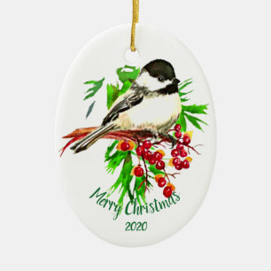 Custom Dated Christmas Chickadee Bird Red Berries Ceramic Tree Decoration