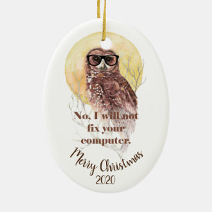 Custom Dated Christmas Computer Geek Fun Owl Ceramic Tree Decoration