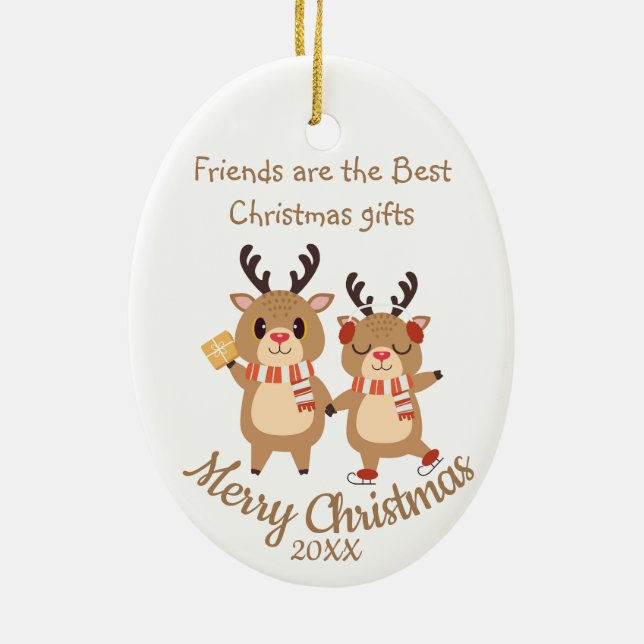 Custom Dated Christmas Cute Reindeers Friends  Ceramic Tree Decoration (Back)
