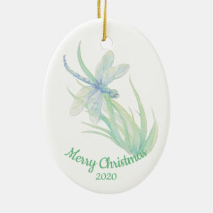 Custom Dated Christmas Dragonfly Watercolor art Ceramic Tree Decoration