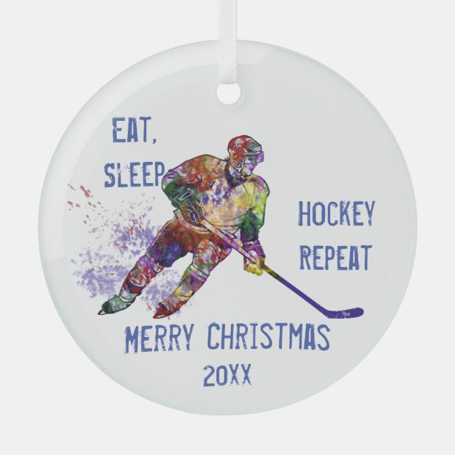 Custom Dated Christmas Eat Sleep Hockey Repeat Fun Glass Tree Decoration (Front)