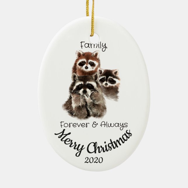 Custom Dated Christmas Family Quote Racoon fun Ceramic Tree Decoration (Back)