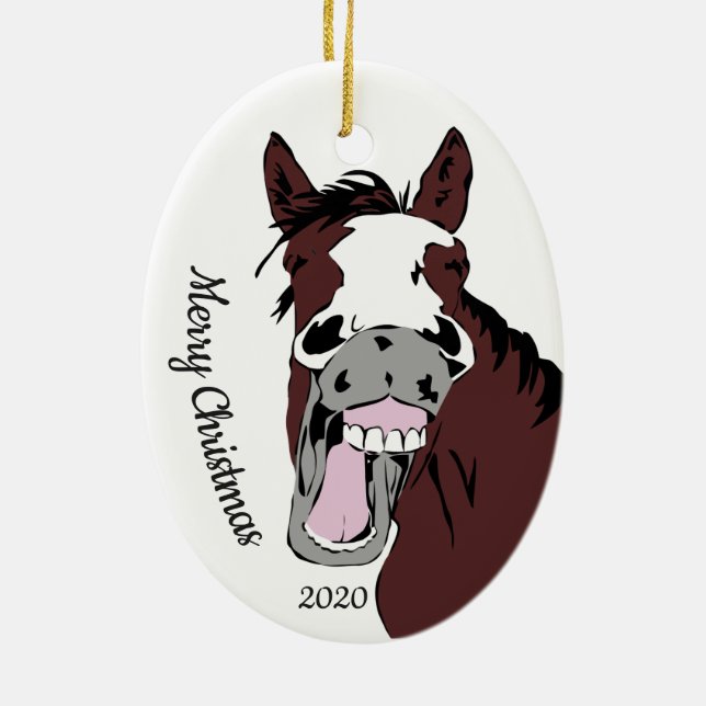 Custom Dated Christmas Fun Horse Cartoon Animal Ceramic Tree Decoration (Back)