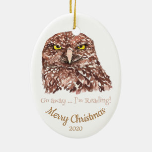 Custom Dated Christmas Go Away Reading Owl Fun Ceramic Tree Decoration