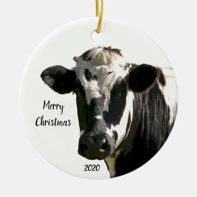 Custom Dated Christmas Holstein Cow Farm Ceramic Tree Decoration (Front)