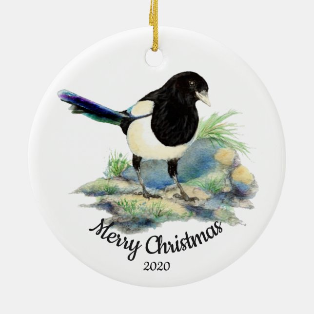 Custom Dated Christmas Magpie Garden Bird Ceramic Tree Decoration (Back)