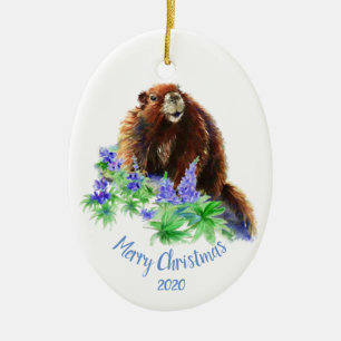 Custom Dated Christmas Marmot, Groundhog Animal Ceramic Tree Decoration