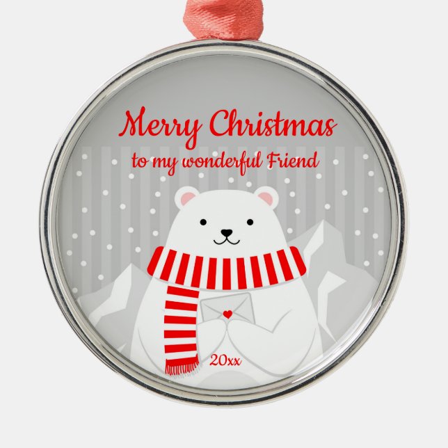 Custom Dated Christmas Polar Bear Cute Friend Metal Tree Decoration (Front)