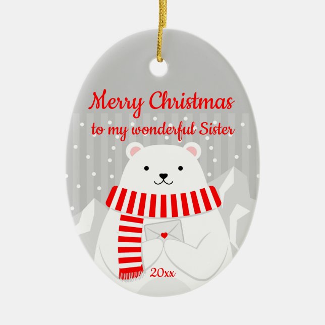 Custom Dated Christmas Polar Bear Cute Sister Ceramic Tree Decoration (Front)