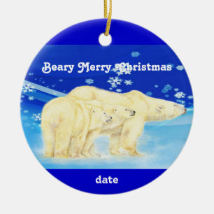 Custom Dated Christmas Polar Bears Fun Ceramic Tree Decoration