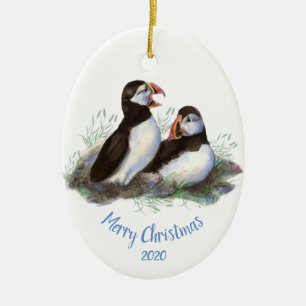 Custom Dated Christmas Puffin Ocean Bird Ceramic Tree Decoration