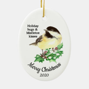 Custom Dated Christmas Quote Fun Chickadee Bird Ceramic Tree Decoration
