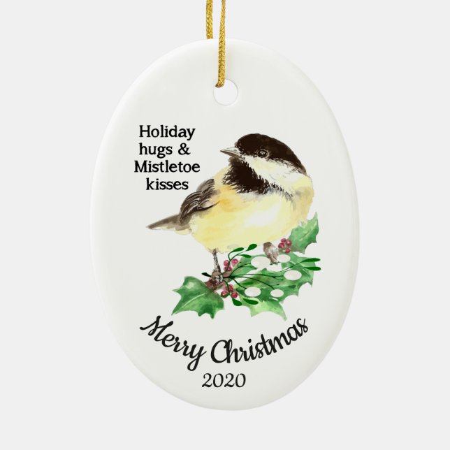 Custom Dated Christmas Quote Fun Chickadee Bird Ceramic Tree Decoration (Back)