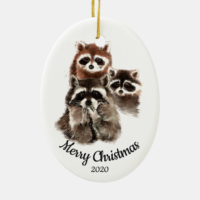 Custom Dated Christmas Racoon Family Fun Ceramic Tree Decoration (Back)