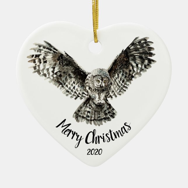 Custom Dated Christmas Striking Owl Bird Ceramic Tree Decoration (Front)